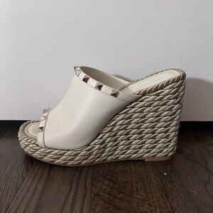 Valentino Cream Leather Studded Espadrille Wedge Slides